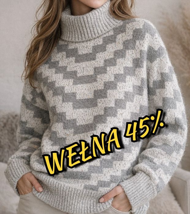 Sweter golf damski WEŁNA, melanż wielokolorowy NOWY