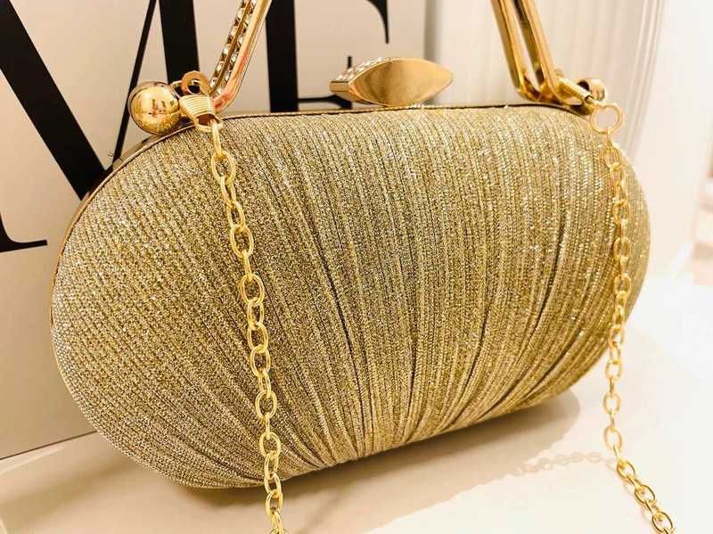 Torebka wizytowa kopertówka złota brokatowa na łańcuszku wesele