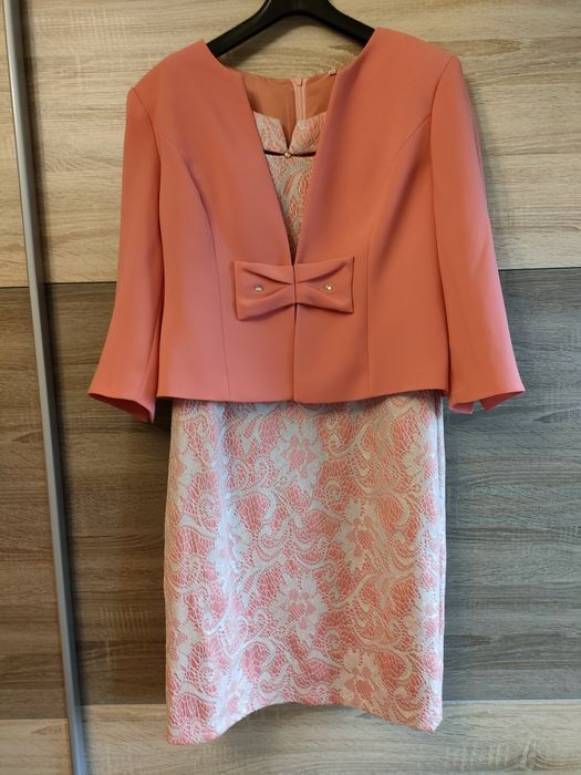 Komplet wizytowy: Sukienka i marynarka/ żakiet, koralowy, Diana, r.42