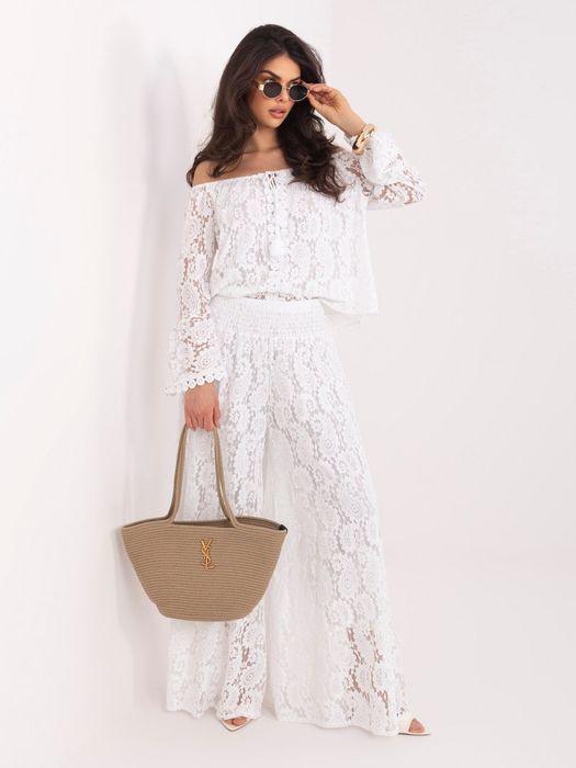 Białe Spodnie Koronkowe Palazzo Boho Damskie Szerokie Nogawki Lato Eleganckie Italy Moda