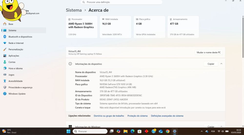portátil gaming hp victus 15 ryzen 5 / 16gb ram / gtx 1650 / ssd