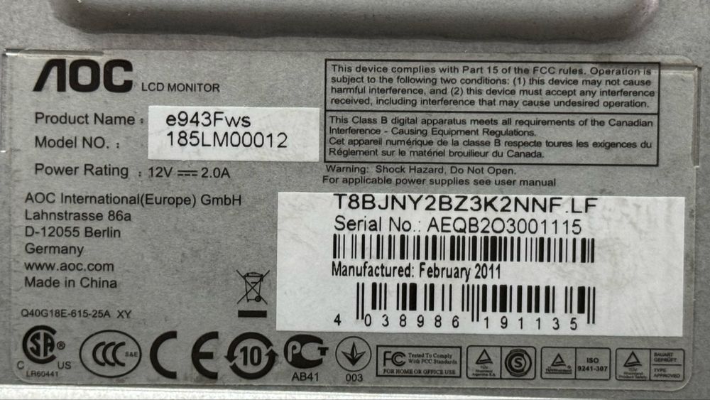 Monitor LED 18,5 cala AOC E943FWS VGA Zasilacz