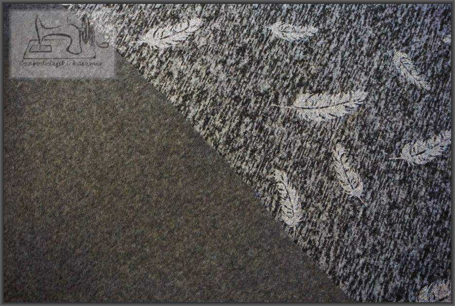 Dzianina polar srebrne piórka na szarym melanżu-cena za kupon 2m