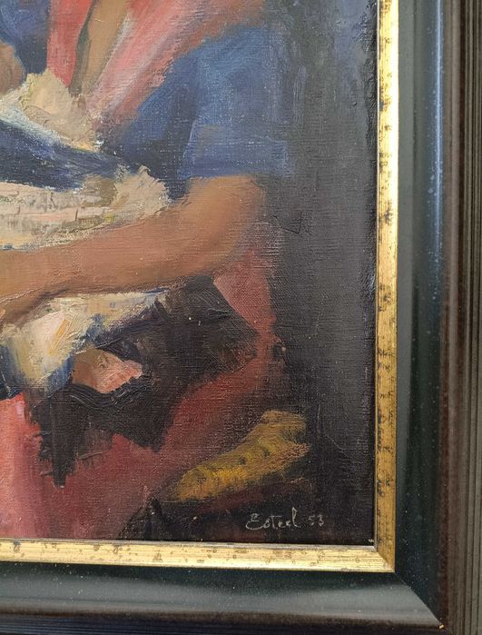Amor de Mãe - Pintura Vintage a Óleo de Etienne Steel, datada de 1953 - Realismo Belga