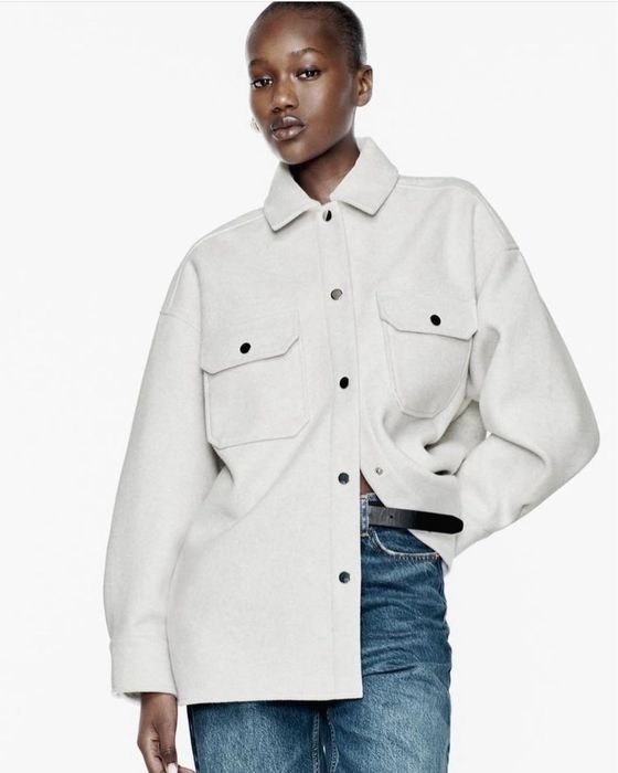 Фетрова жіноча сорочка куртка тепла Zara біла, сіра XS