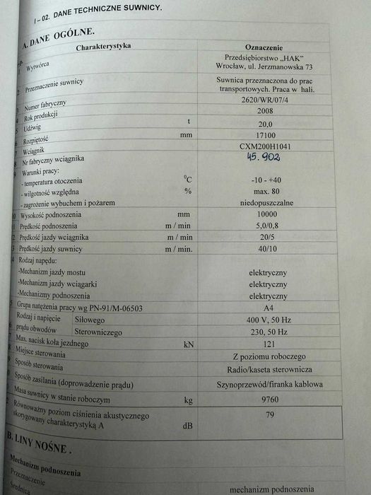 suwnice pomostowe 20T rozstaw 17,1m. i 22,8m.