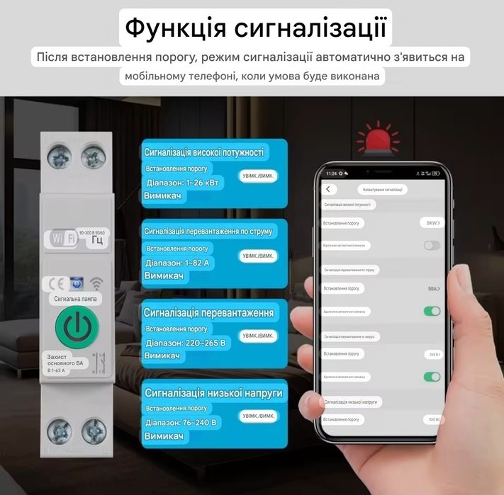 Розумний автоматичний вимикач Tuya Wi-Fi 1-63A 1P+N енергія, таймер,
