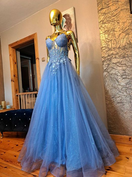Piękna suknia na studniówkę Paradis Glamour Blue R34. Polski producent