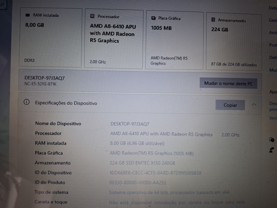 Portátil Acer AMD A8, 224 GB SSD