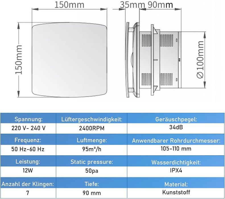 Wentylator łazienkowy 100 mm z przelewem < 34 dB, 12W 2400obr