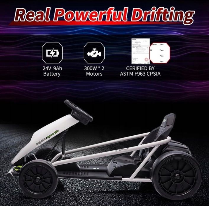 Gokart elektryczny dla dzieci, Drift Kart, 2x300W, biały