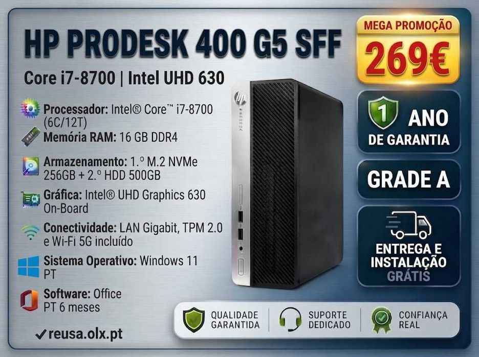Mega Promoção HP 400 G5 SFF | i7-8700 (12T) | 16GB DDR4 | NVMe 256GB + HDD 500GB | WiFi | W11