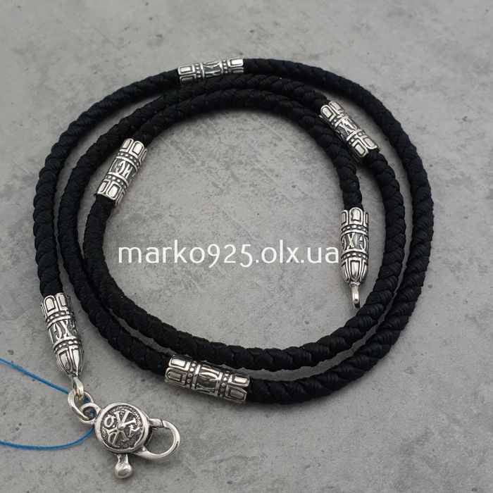 Шнурок цепочка со вставкам - ланцюг шовковий, джгут срібний 3 мм