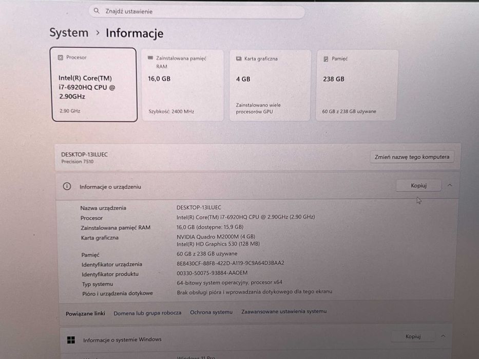 Laptop Dell Precision 7510 i7 16GB SSD Quadro 4GB  UHD 3840x2160 Win11