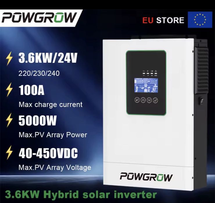 Гибридный инвертор POWGROW 3600W 24V с чистым синусоидальным выходом, Wi-Fi мониторингом и связью BMS