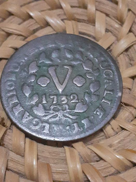 Moeda 5 Reis - Rei D João V 1732 em cobre monarquia