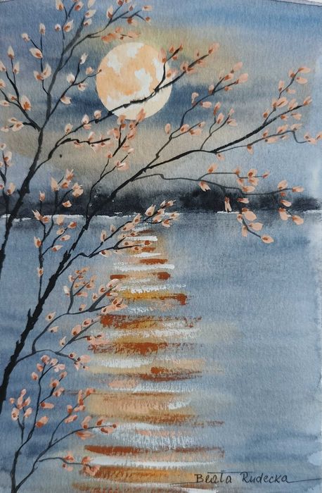 Oryginalna Akwarela „Księżycowa Ścieżka” | 14x21 cm | Styl Japoński