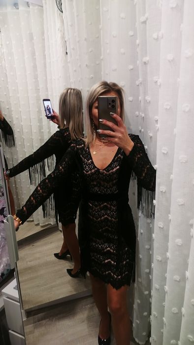 Sukienka sylwester frędzle koronka S