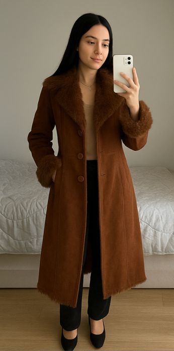 Brązowy długi płaszcz z futerkiem vintage / retro boho coat