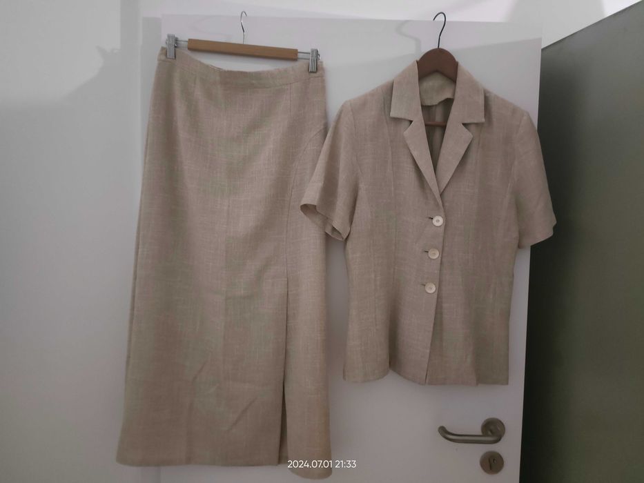 Piękny Komplet_ Beż/ Len_Spódnica Midi i Żakiet_40_Lux