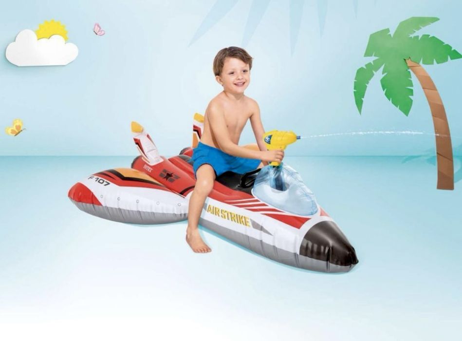 Дитячий надувний плотик для катання Intex 57536 Літак (117х117 см) з водяним пістолетом