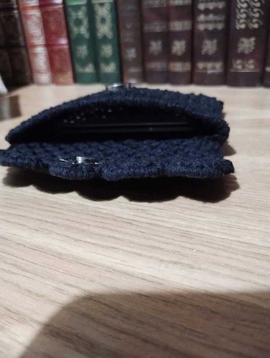 Czarny Portfelik z Makramy Boho Mini Portmonetka Rękodzieło