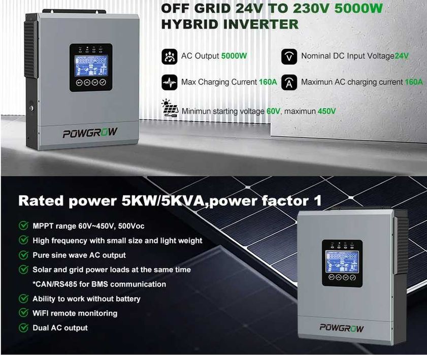 Инвертор гибридный Powgrow (Ecgsolax) 6.5kw/48v тихие Новинка
