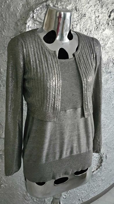 Twinset sweterek srebrny 2 częsci blizniak roz L