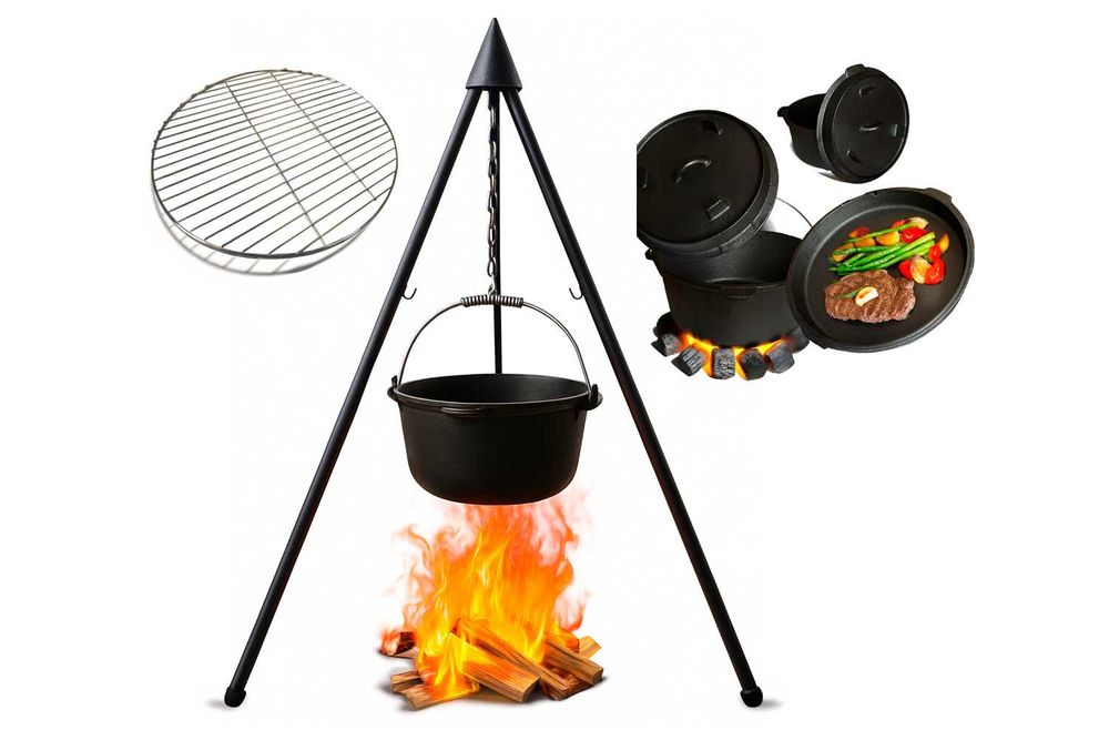 Zestaw 2w1 Grill Ogniskowy Na Trójnogu 120cm Ruszt I Kociołek Węgierski Wiszący Żeliwny 4,5l  Na Pieczonki Gulasz Gorące Potrawy Grilowanie [258,251]