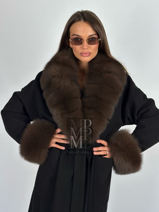 Женское кашемировое пальто с натуральным мехом песца, 42-56 размеры