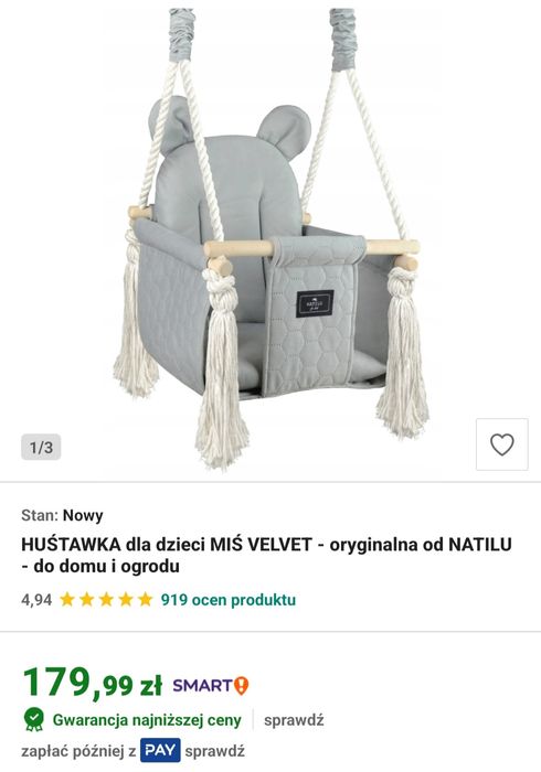 Huśtawka do pokoju dziecięcego Natilu szara usztywniana miś boho do 30