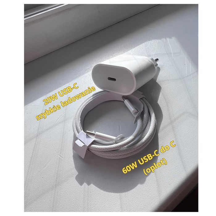 Ładowarka USB-C 20W do iPhone + kabel USB-C 60W w oplocie 100 cm szybkie ładowanie!