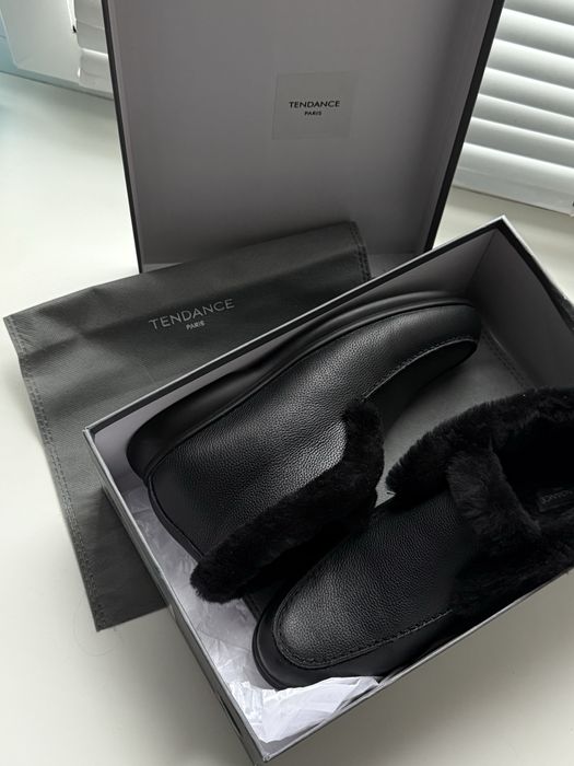 Женские черные ботинки лоферы кожа с овчиным мехом tendance paris
