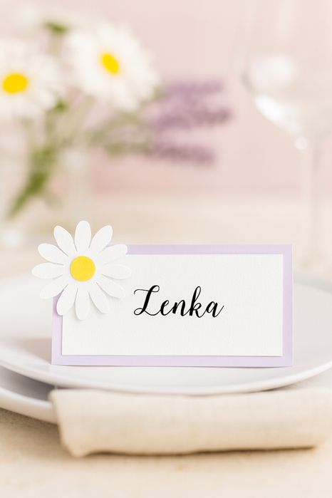 Winietki na stoł dla gości stokrotki fioletowe