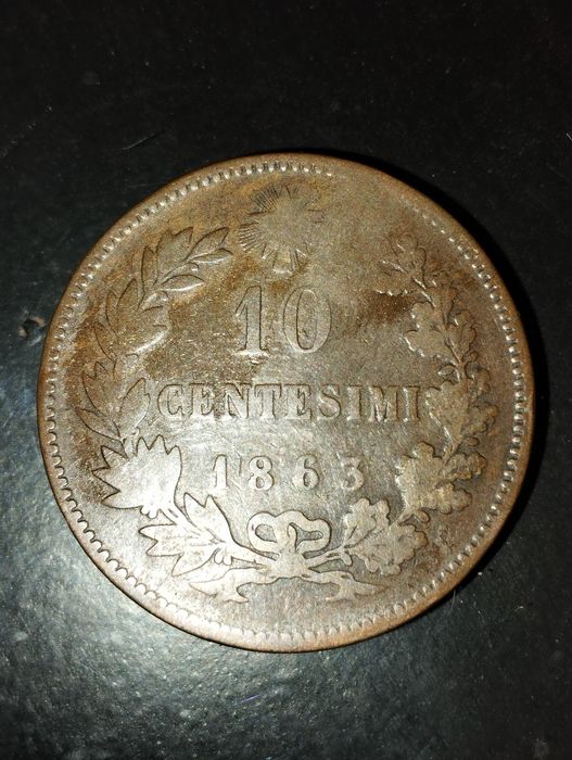 Moeda de 10 Centesimi 1863 Itália com carimbo contra cunhagem