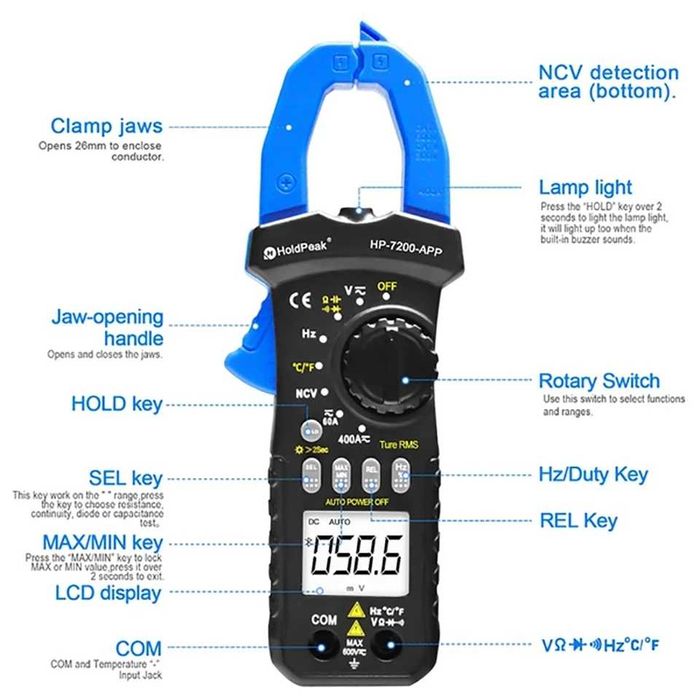 Токовые клещи DC: HP-7200APP Bluetooth. TRMS. 6000 отсчётов. Max-Min.