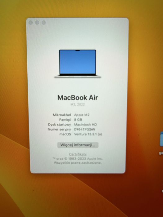 Macbook Air M2 kondycja baterii 100% kolor zloty
