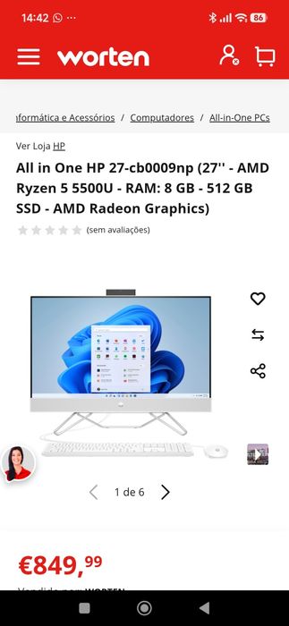 Computador All in One HP 27-cb0009np (27'' - AMD Ryzen 5 5500U - RAM: 8 GB - 512 GB SSD - AMD Radeon Graphics)