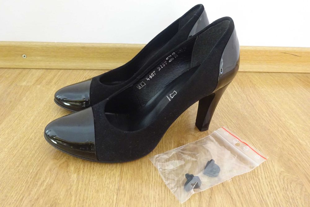 Czółenka czarne skórzane na obcasie rozmiar 38, obcas 8,5 cm