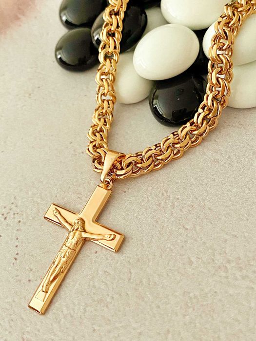 Позолоченная Цепочка "Плетение Бисмарк" + Крестик, Цепь. Позолота