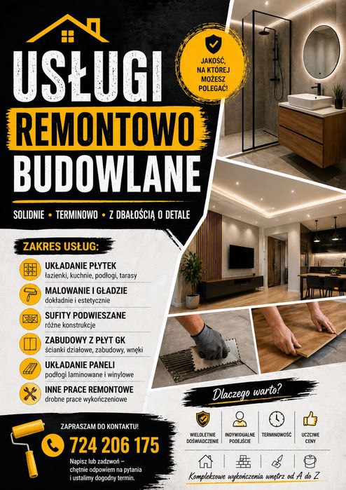 Usługi remontowo-budowlane / Płytki/ GK/Malowanie