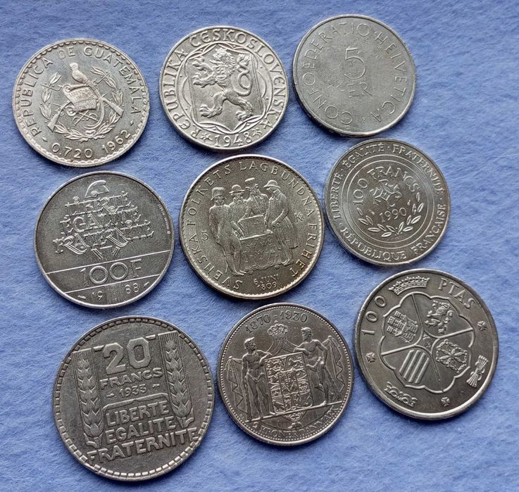 Срібні монети 100 крон 1948, 5 франків 1963, 50 сентаво 1962, 100 франків, 100 песет 1966,  штемпельний блиск