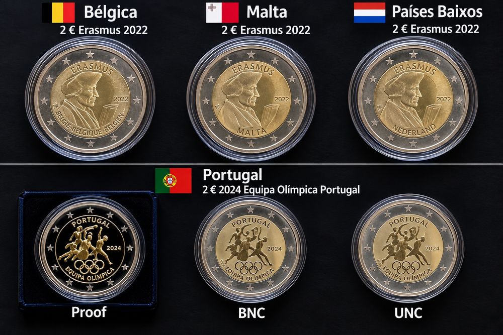 Procuro para comprar -  Erasmus e Portugal 2€ 2024 Equipa Olímpica Portugal 
Proof, BNC e UNC
