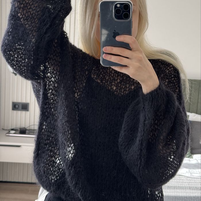 Светр чорний вовняний мохеровий павутинка хмаринка оверсайз ручна робо