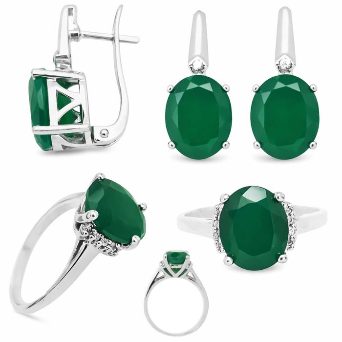 Серебряный комплект с зеленым агатом