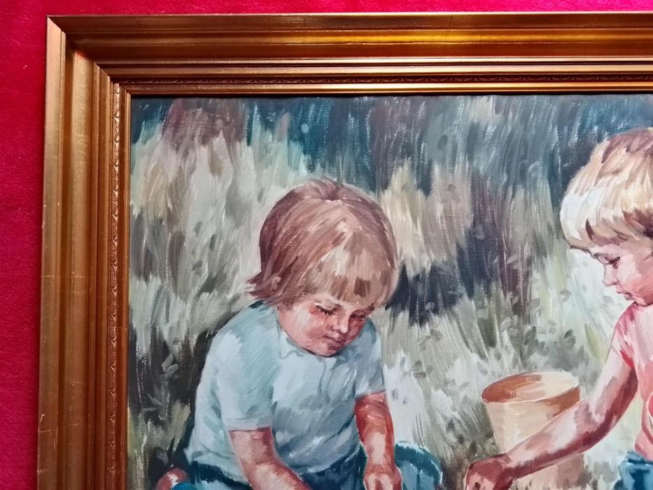 Stary obraz na płótnie sygnowany dzieci  .