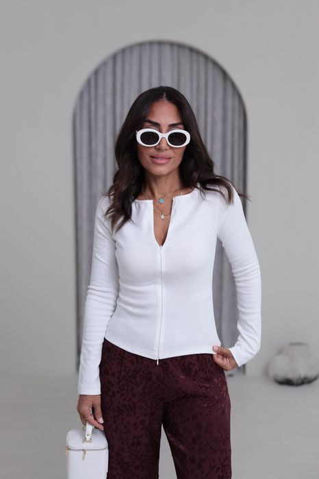 Білий приталений лонг лонгслів кофта на блискавці, лонг на замочку