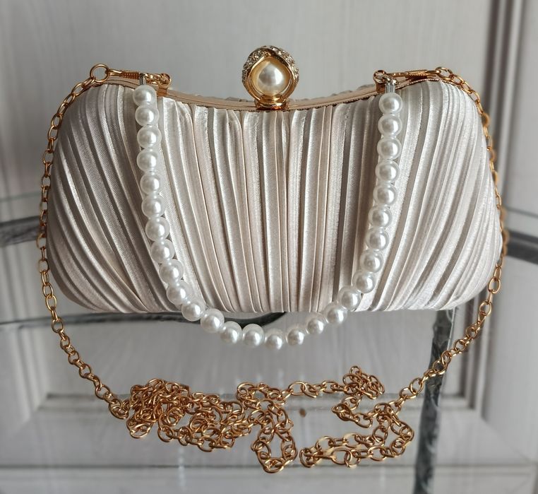 Elegancka beżowa nude torebka wieczorowa kopertówka drapowana perły cyrkonie Glamour vintage retro lolita ślub wesele bal Sylwester jakość