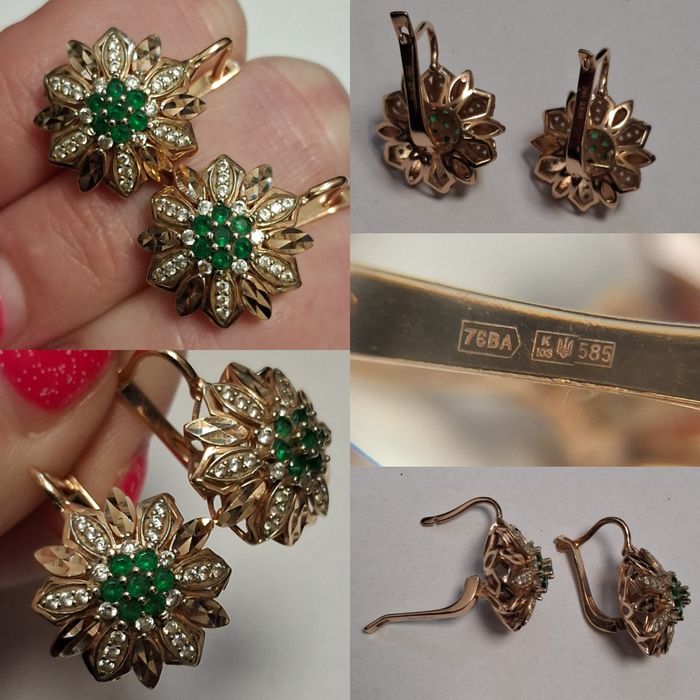 Золотые сережки малинки с фианитами