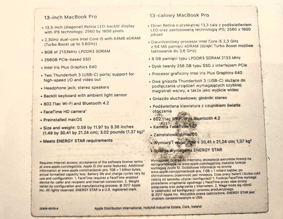 MacBook Pro A1708 uszkodzony ekran